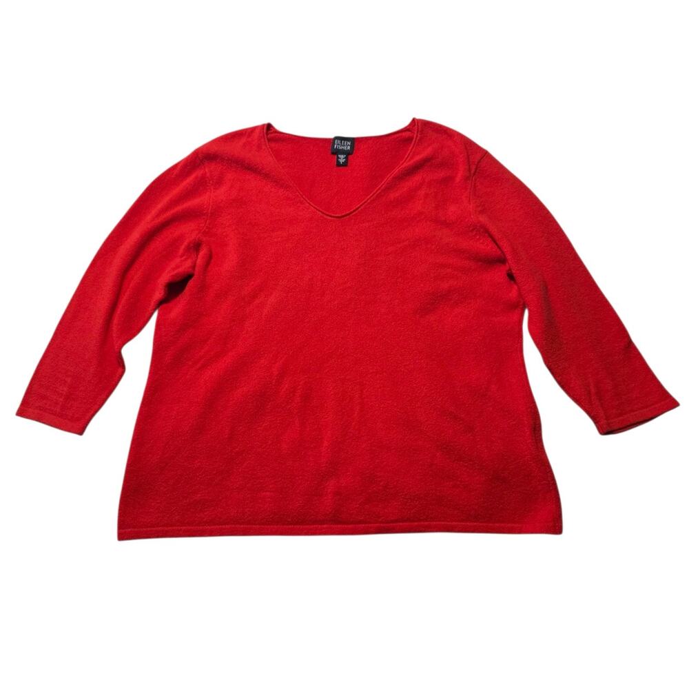 Eileen Fisher Red V Neck Knit Top Womens Large Italian Yarn 3/4 Sleeve